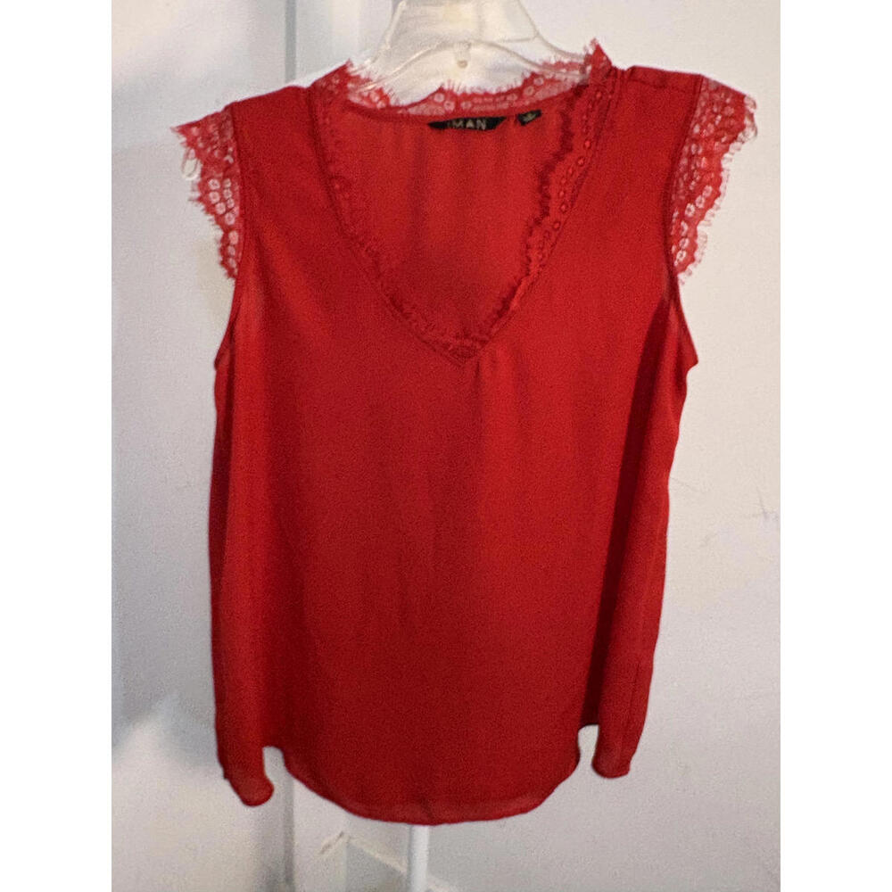 IMAN‎ Red Lace Trim Sleeveless Blouse Top Size S